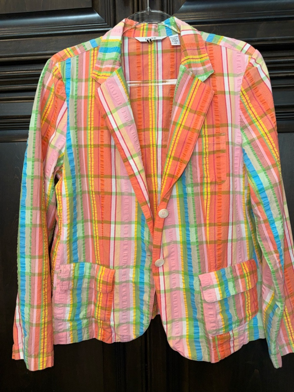 Izod Multicolor Plaid Seersucker Blazer - Pink, Coral & Green